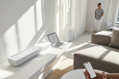 Technicien installant une climatisation connectée avec configuration du module WiFi sur smartphone