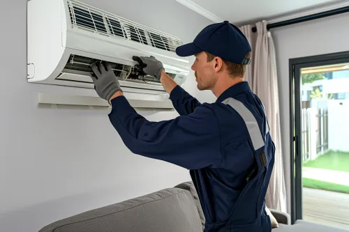 Technicien professionnel en train d'installer une unité intérieure de climatisation monosplit sur un mur blanc
