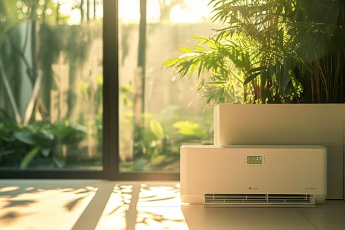 Système de climatisation réversible en fonctionnement montrant les économies d'énergie et son impact positif sur l'environnement