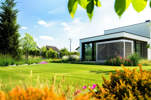 Famille heureuse devant leur pompe à chaleur réversible profitant des réductions d'impôts et du confort thermique