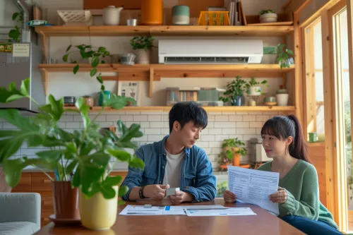 Des euros et une télécommande de climatisation réversible posés sur un dossier de demande d'aides financières MaPrimeRénov