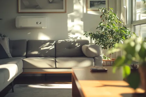 Système de climatisation réversible moderne installé dans un intérieur contemporain pour chauffer et rafraîchir