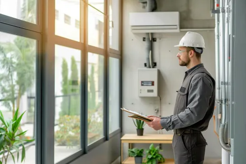 Un technicien effectue des mesures de puissance sur une unité de climatisation avec ses outils professionnels