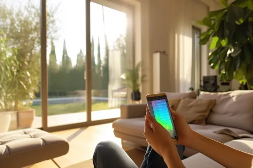 Interface mobile montrant des statistiques de consommation énergétique avec courbes et données en temps réel