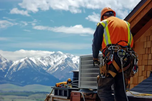 Technicien effectuant la maintenance d'une climatisation en zone montagneuse avec équipement spécialisé haute altitude