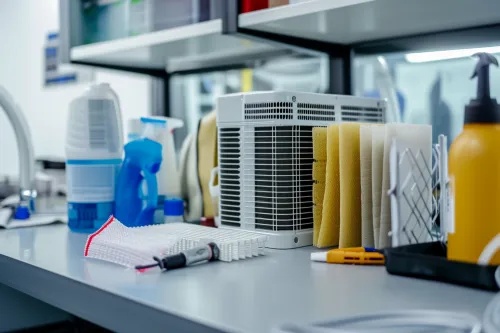 Produits et équipements de nettoyage alignés  :  balai, aspirateur, chiffons, seaux et détergents pour un entretien optimal