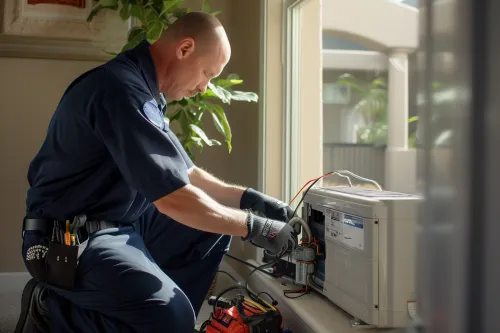 Technicien négligeant la maintenance annuelle obligatoire d'une climatisation lors d'un entretien réglementaire