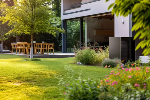 Système de pompe à chaleur réversible montrant les flux thermiques entre l'intérieur et l'extérieur d'un bâtiment