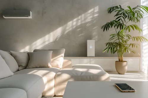 Système domotique connecté pilotant automatiquement l'éclairage, la température et la sécurité d'une maison moderne