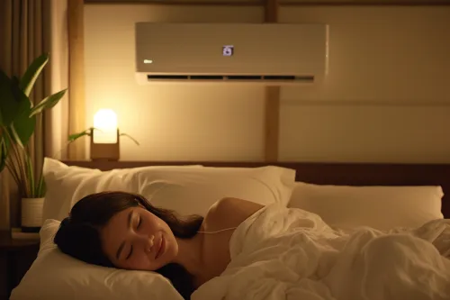 Climatiseur mural installé dans une chambre à coucher moderne assurant un confort nocturne optimal pour un sommeil réparateur