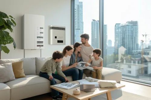 Pompe à chaleur réversible en fonctionnement dans un salon moderne, montrant ses fonctions chauffage et climatisation