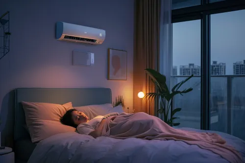 Climatisation réversible fonctionnant la nuit dans une chambre, réduisant la consommation énergétique pendant les heures creuses