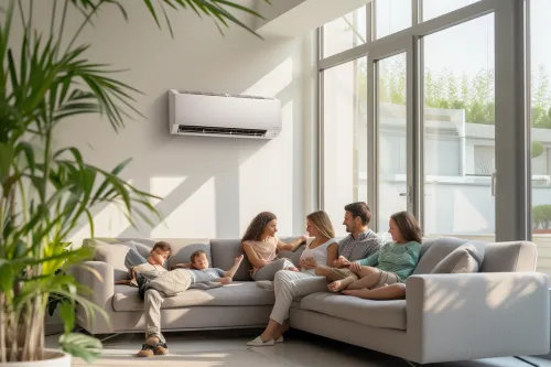 Système de pompe à chaleur réversible montrant le cycle thermodynamique avec circulation du fluide frigorigène entre mode chauffage et climatisation.